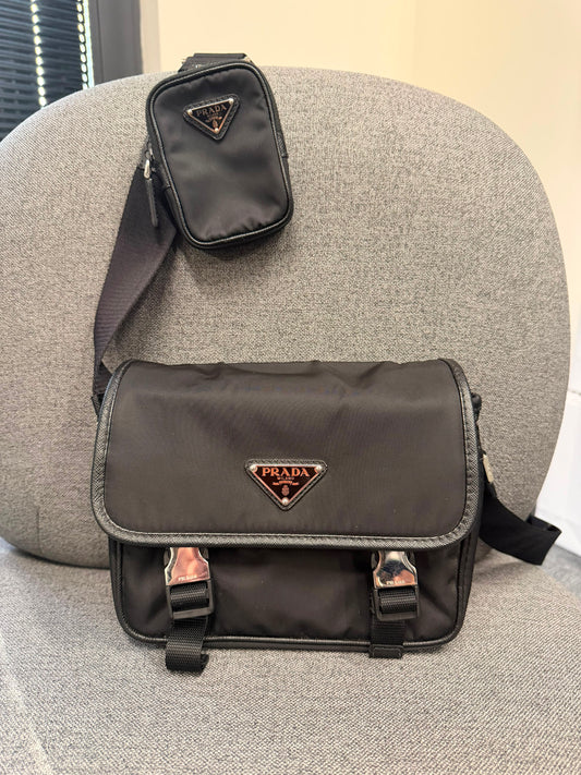 Prada Re-Nylon Black Crossbody Bag with Detachable Pouch