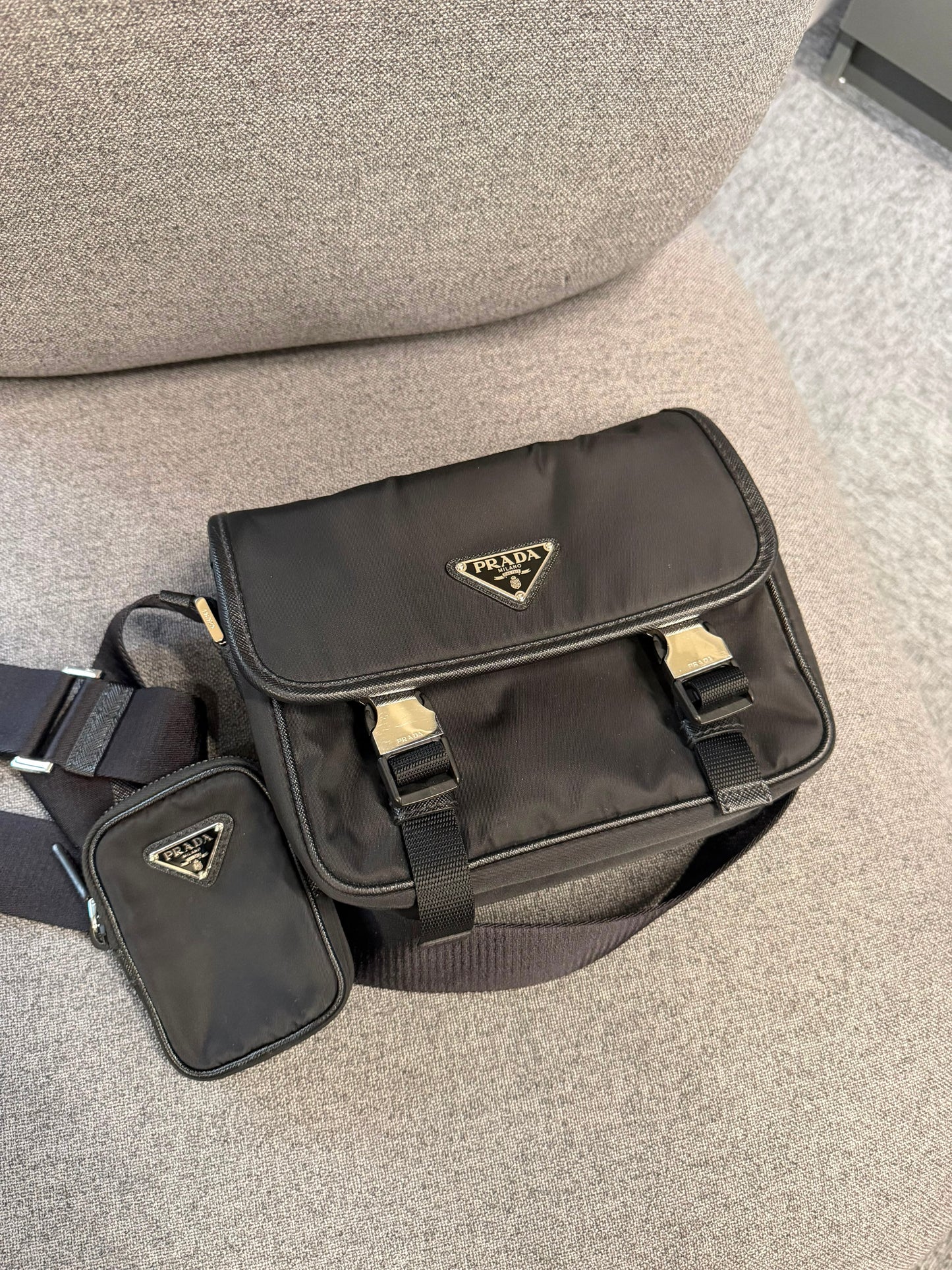 Prada Re-Nylon Black Crossbody Bag with Detachable Pouch